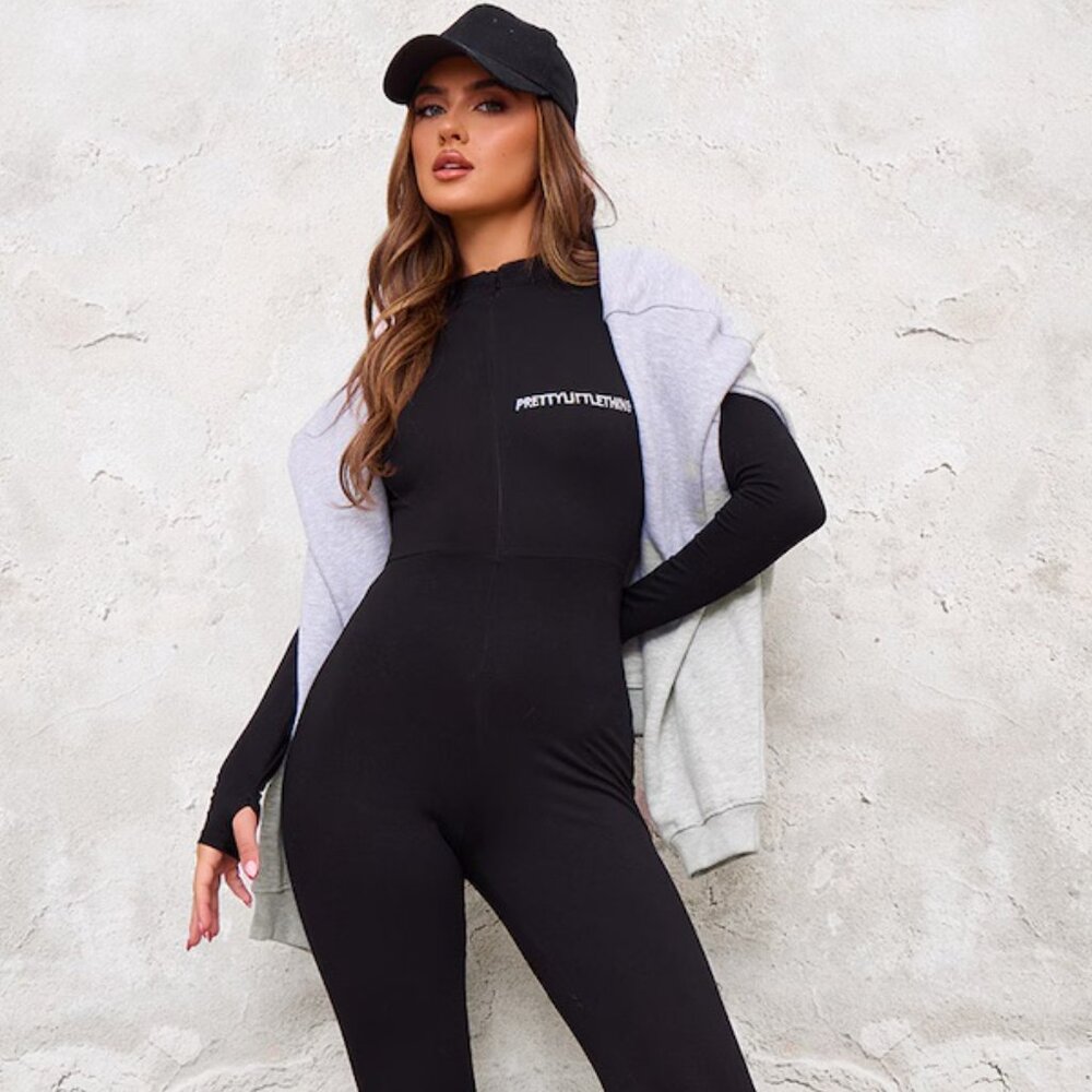 PrettyLittleThing Black Zip Front Embroidered Catsuit | Size 4 Bodycon Jumpsuit